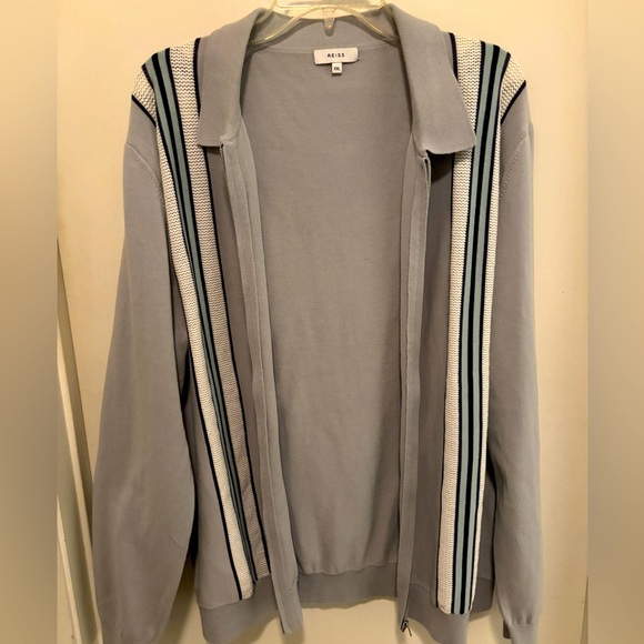 REISS DONNIE STRIPED ZIP THROUGH GREY JUMPER SWEATER - Picture 4 of 5